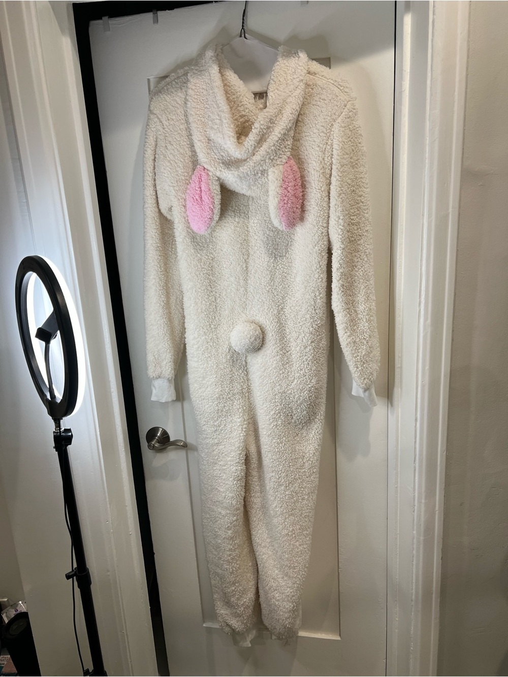 Women Cream Plush Bunny Onesie Pajamas with Pink Ear Accents size m halloween